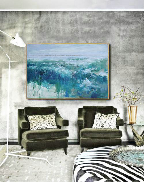Extra Large 72" Acrylic Painting,Horizontal Abstract Landscape Oil Painting On Canvas,Contemporary Art Wall Decor,Blue,Grey,Green.etc